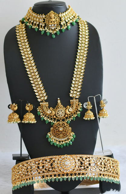 Matte finish white lakshmi-peacock-maango green beaded bridal set dj-50877