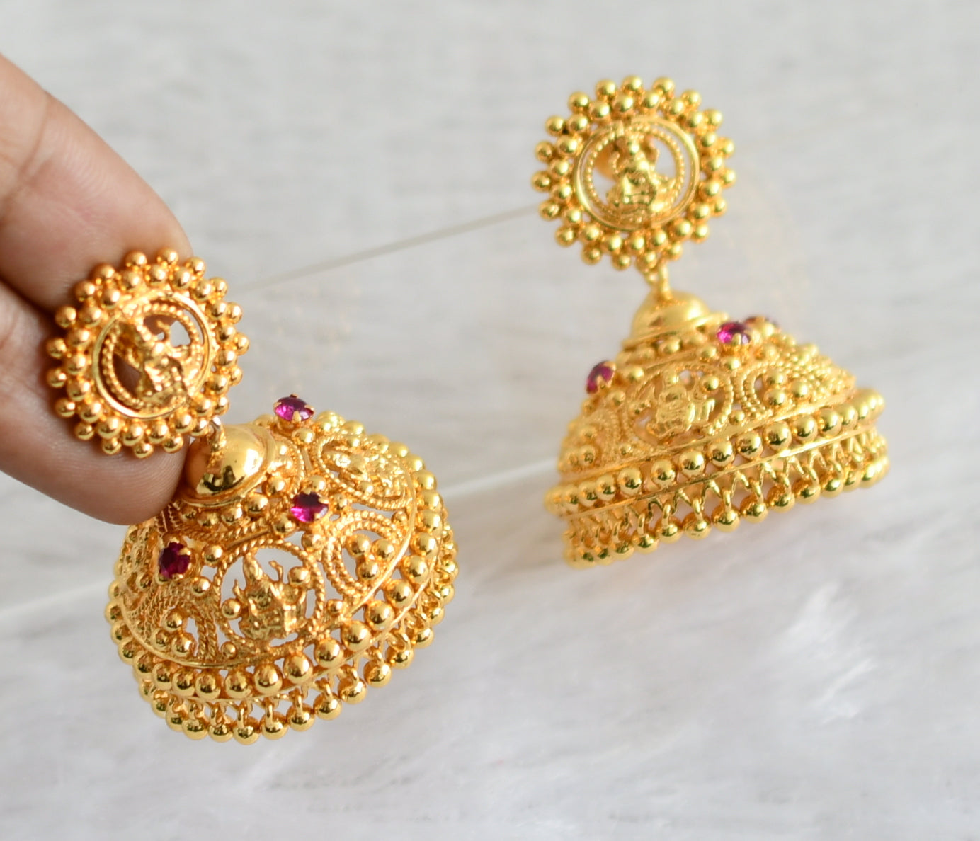 Gold tone pink stone Lakshmi jhumkka dj-36001