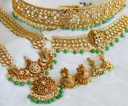 Matte finish white lakshmi-peacock-maango green beaded bridal set dj-50877