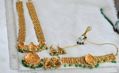 Matte finish white lakshmi-peacock-maango green beaded bridal set dj-50877