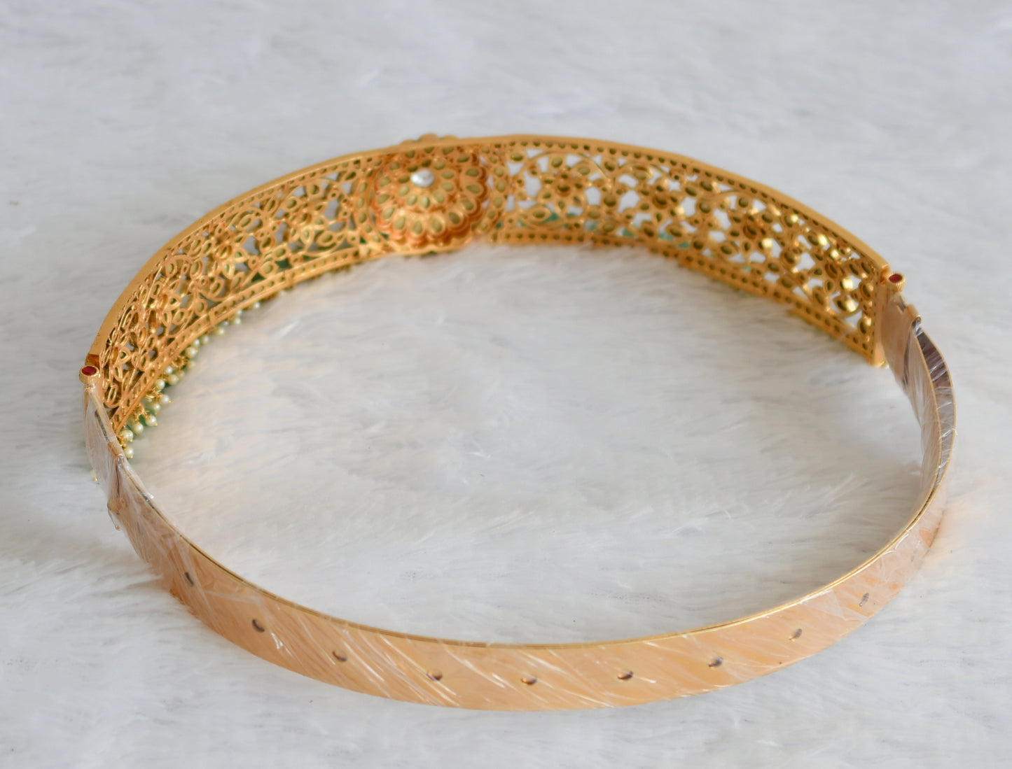 Matte finish white lakshmi-peacock-maango green beaded bridal set dj-50877