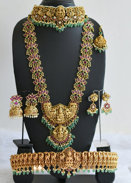Antique gold tone kemp-green lakshmi lotus peacock green beaded bridal set dj-50875