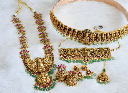 Antique gold tone kemp-green lakshmi lotus peacock green beaded bridal set dj-50875