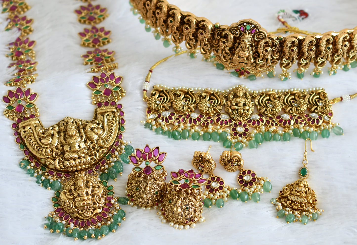 Antique gold tone kemp-green lakshmi lotus peacock green beaded bridal set dj-50875