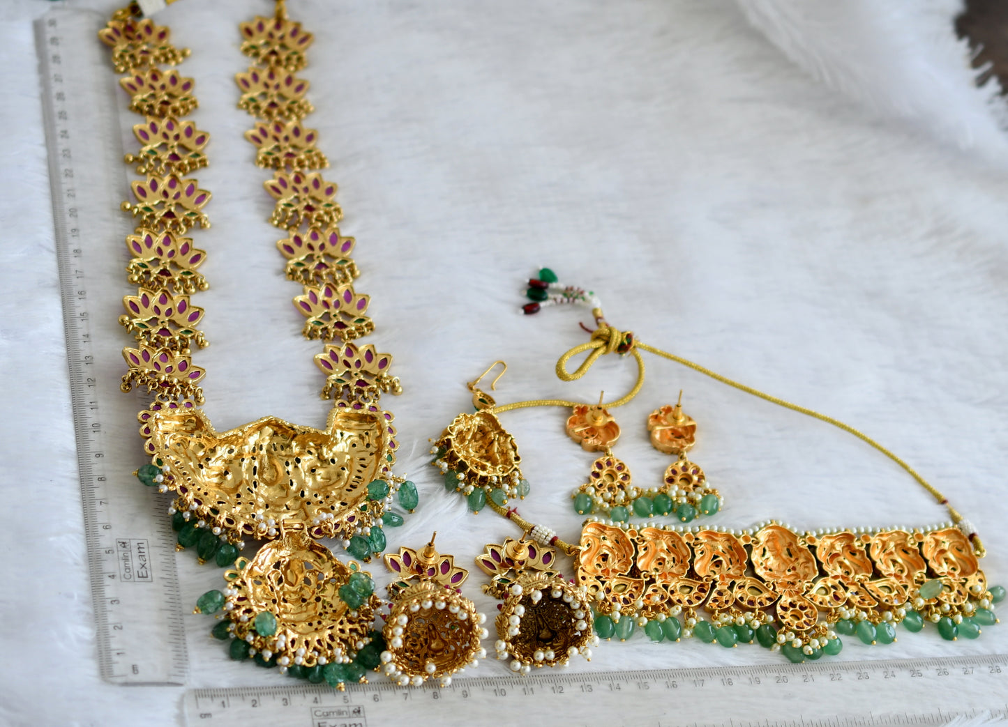 Antique gold tone kemp-green lakshmi lotus peacock green beaded bridal set dj-50875