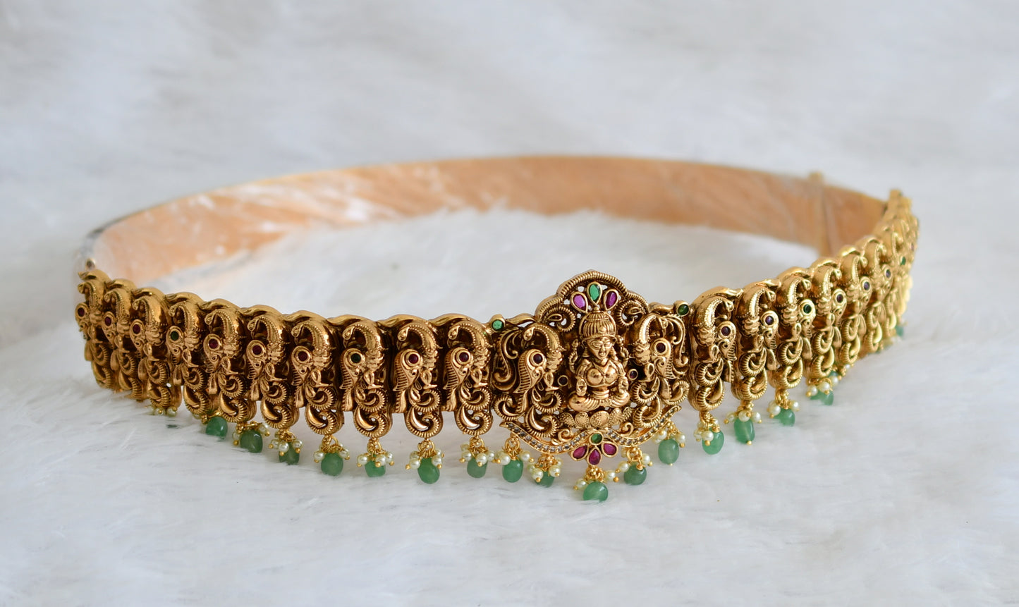 Antique gold tone kemp-green lakshmi lotus peacock green beaded bridal set dj-50875