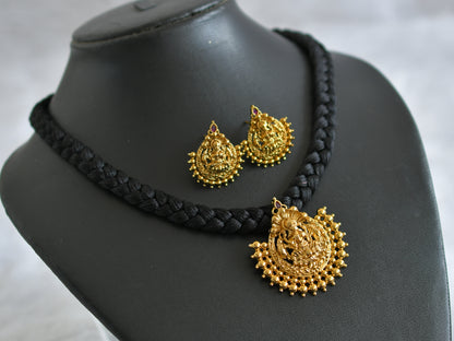 Matte finish black silk thread kemp stone lakshmi necklace set dj-47100