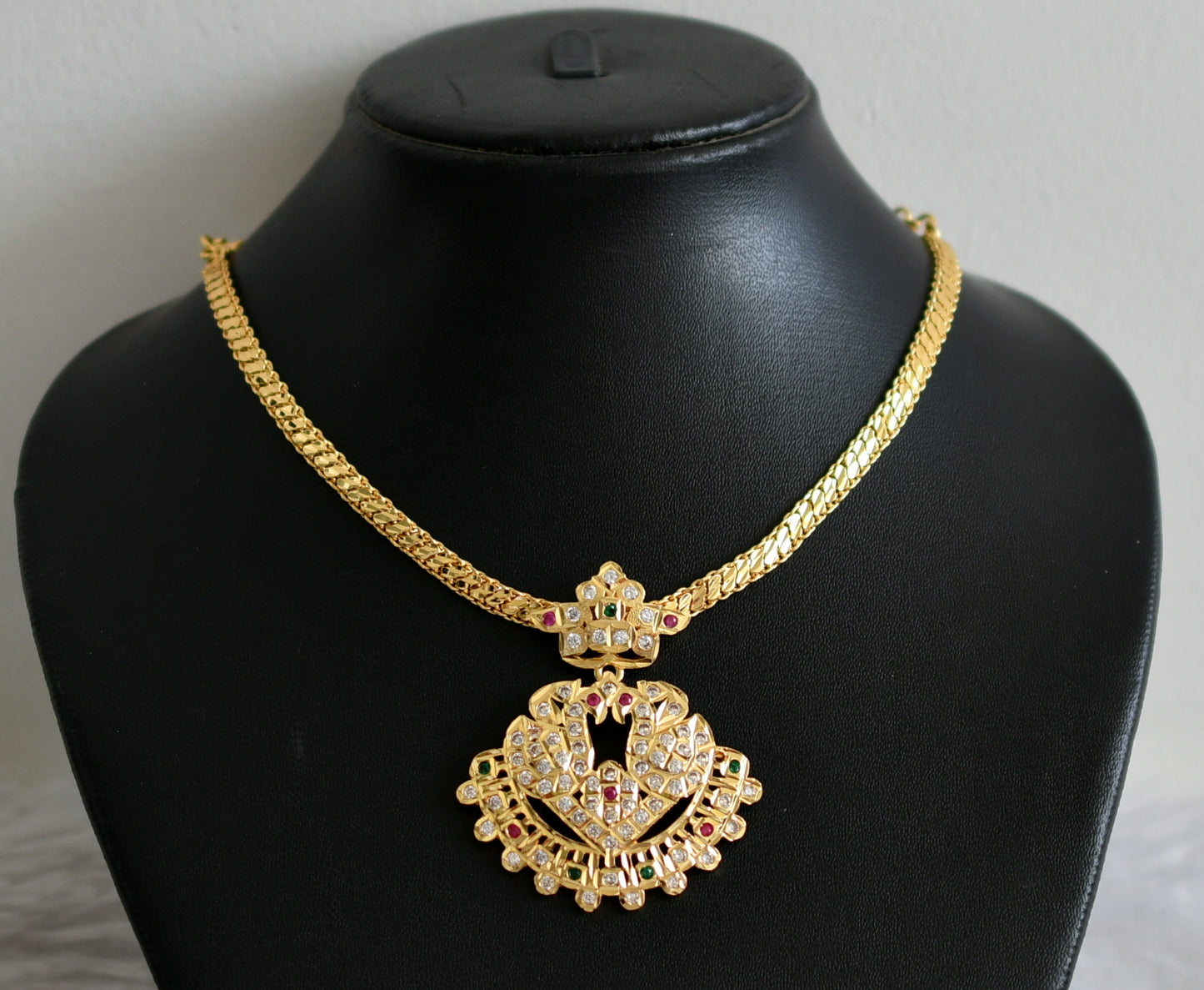 Gold tone ad pink-green-white south indian swan necklace dj-48920