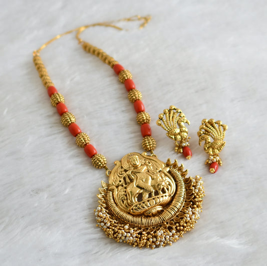 Antique gold tone coral beaded pearl cluster krisna necklace set dj-47102