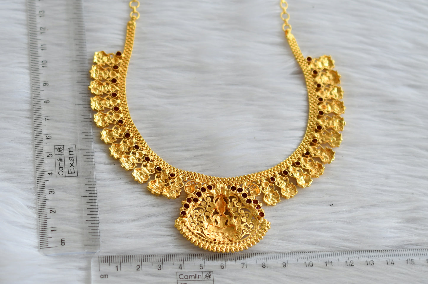 Gold tone pink stone kerala style lakshmi necklace dj-45442