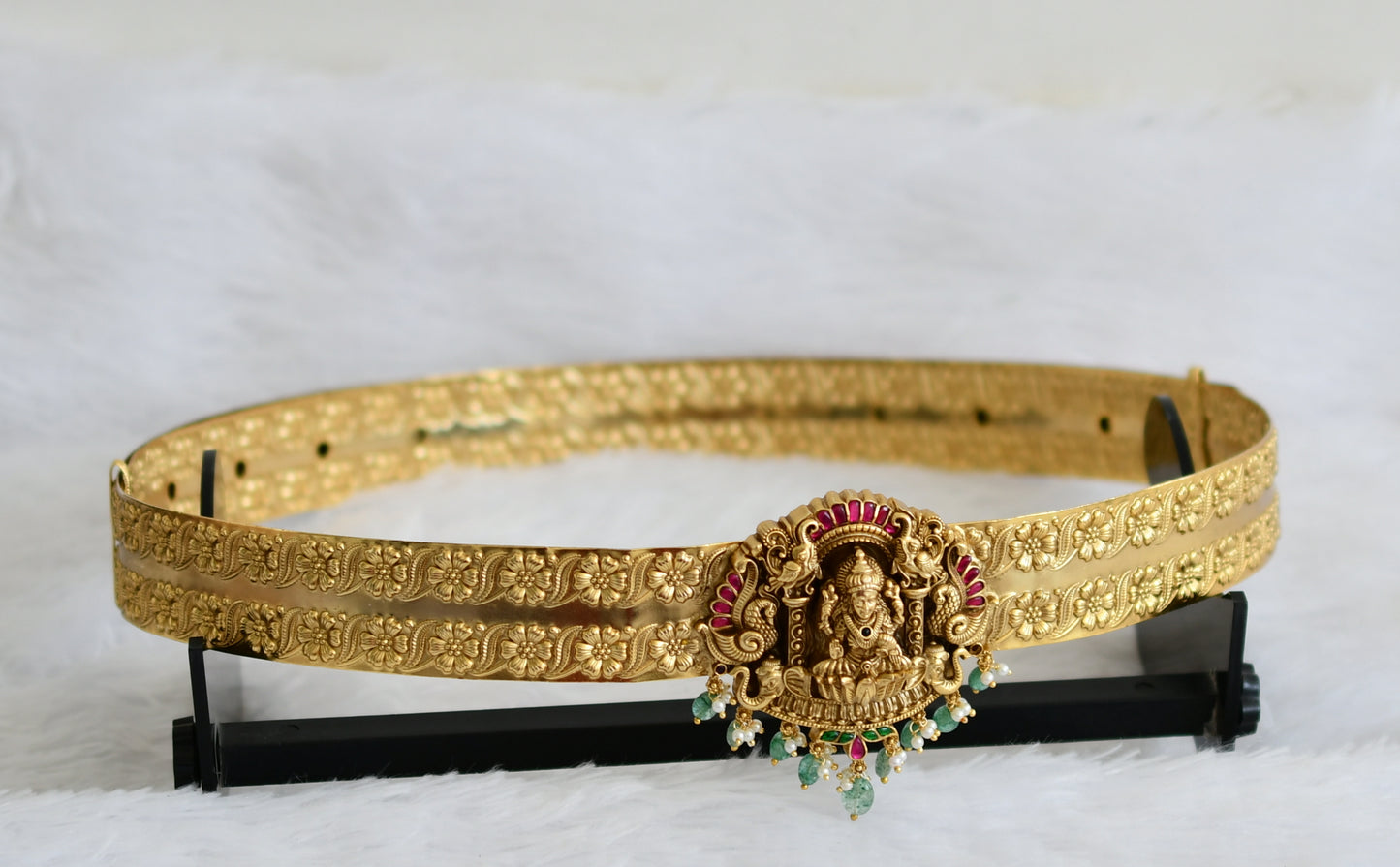 Antique gold tone pink-green lakshmi peacock flower green beaded waist band dj-50856
