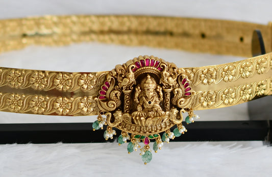Antique gold tone pink-green lakshmi peacock flower green beaded waist band dj-50856