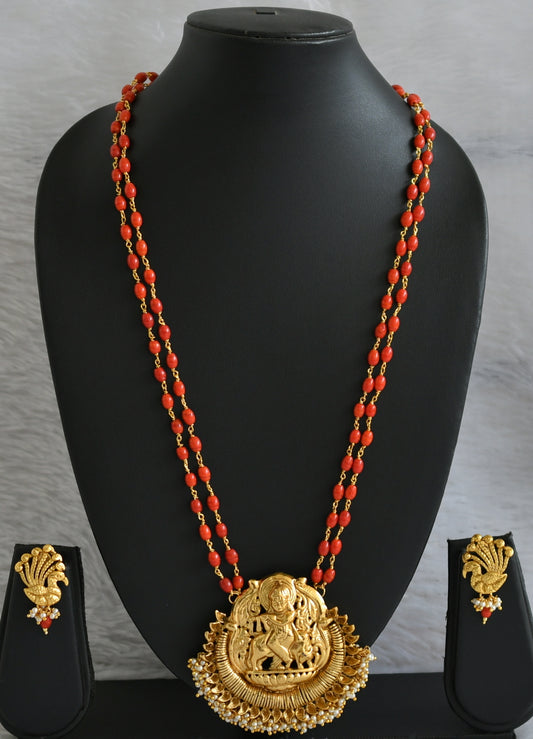 Antique gold tone 24 inches double layer coral chain with pearl cluster krishna pendant set dj-47103