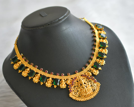 Gold tone pink-green block stone kerala style lakshmi necklace dj-45443