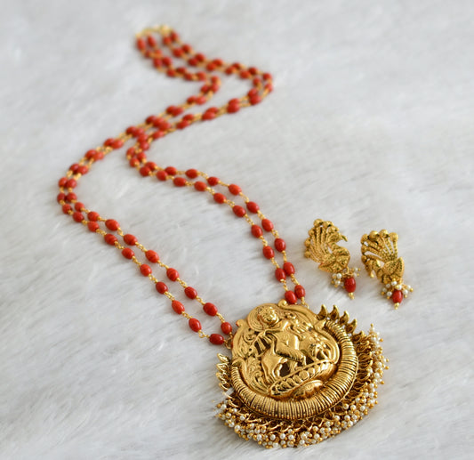 Antique gold tone 24 inches double layer coral chain with pearl cluster krishna pendant set dj-47103
