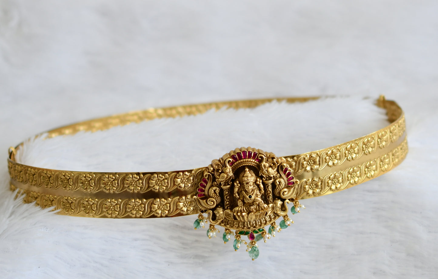 Antique gold tone pink-green lakshmi peacock flower green beaded waist band dj-50856