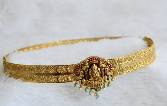 Antique gold tone pink-green lakshmi peacock flower green beaded waist band dj-50856