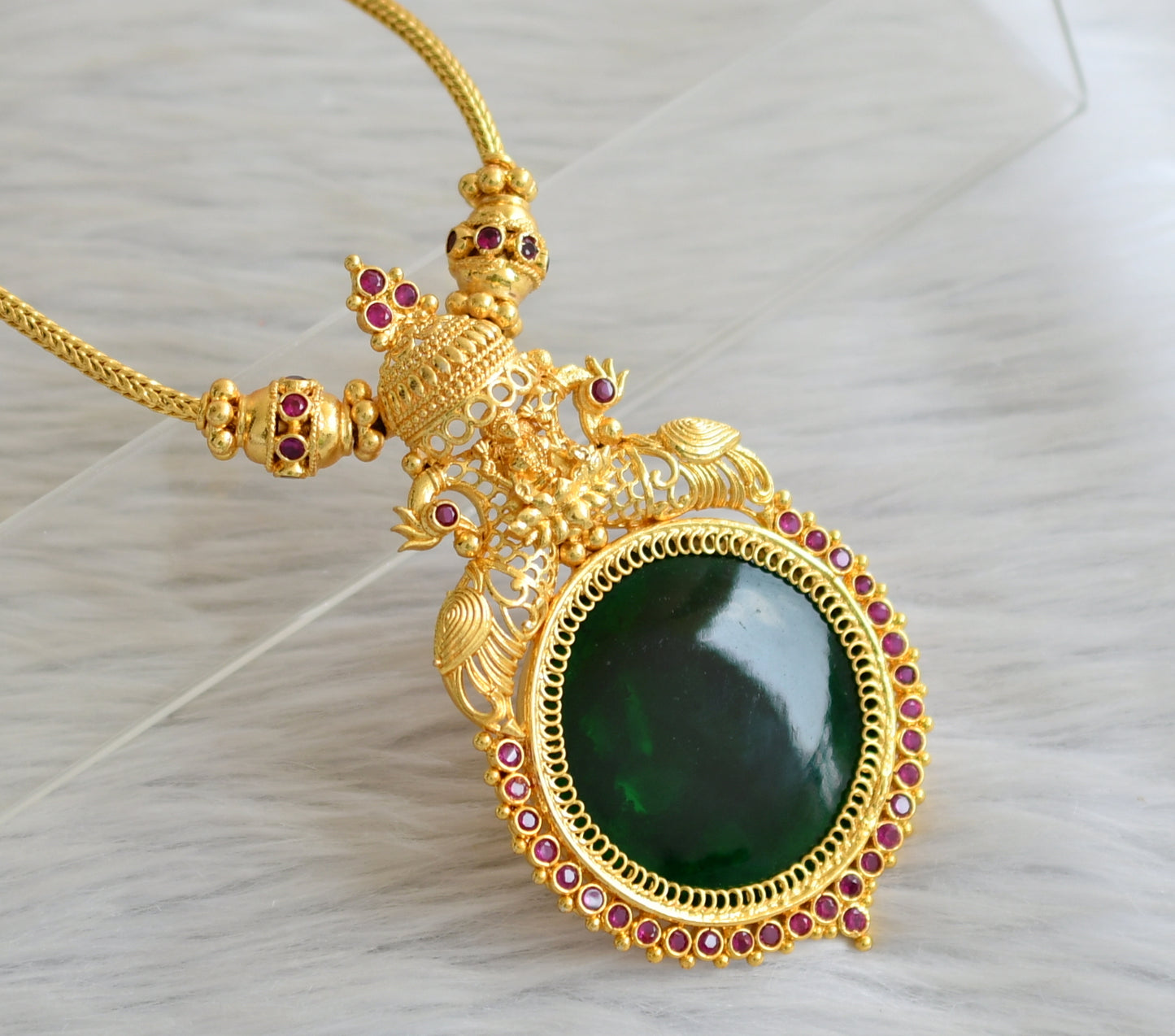 Gold tone pink-green kerala style round lakshmi-peacock necklace set dj-45446