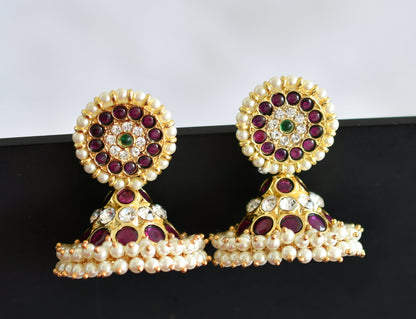 Gold tone precious kemp-green-white pearl jhumkka dj-50865