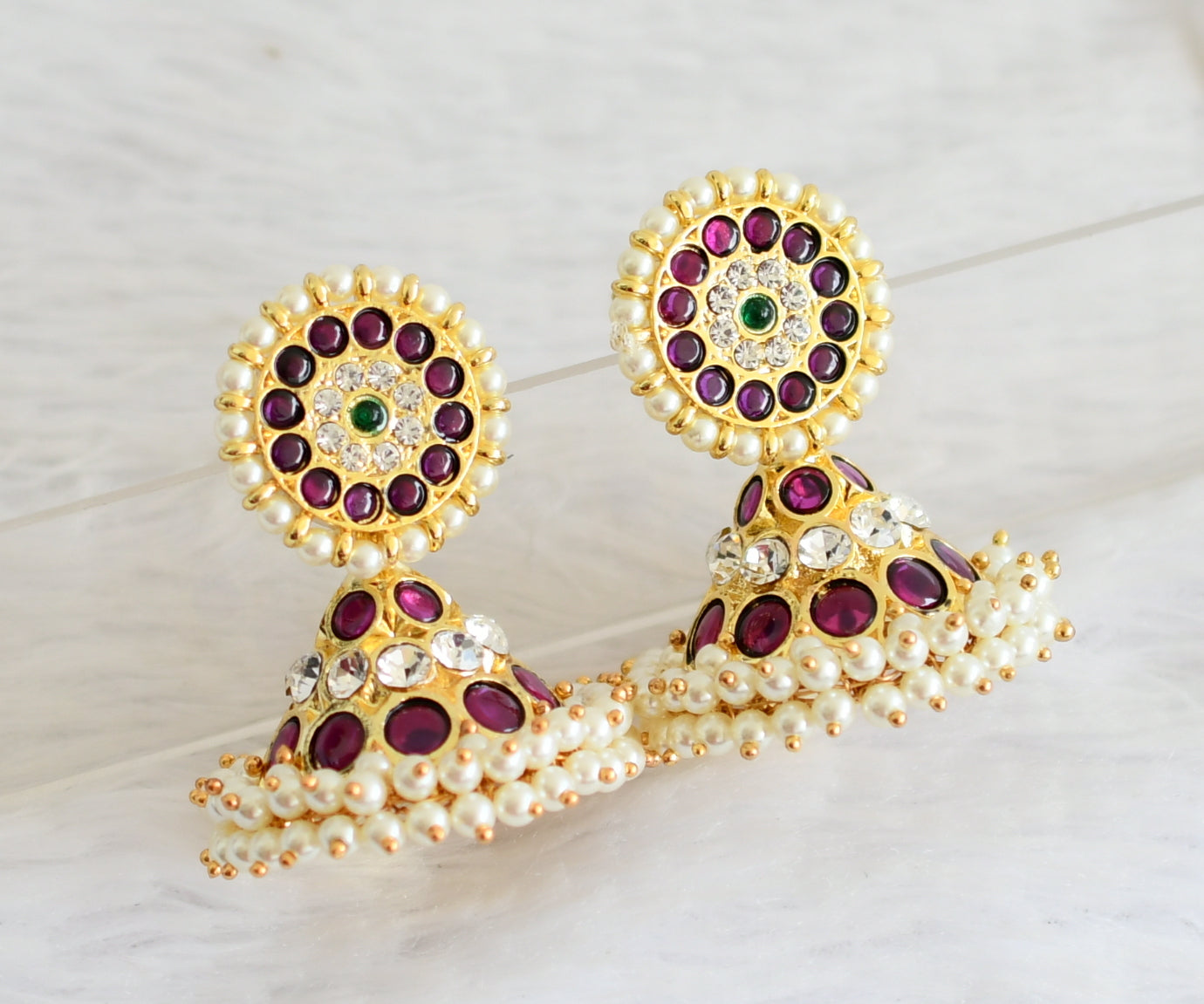 Gold tone precious kemp-green-white pearl jhumkka dj-50865