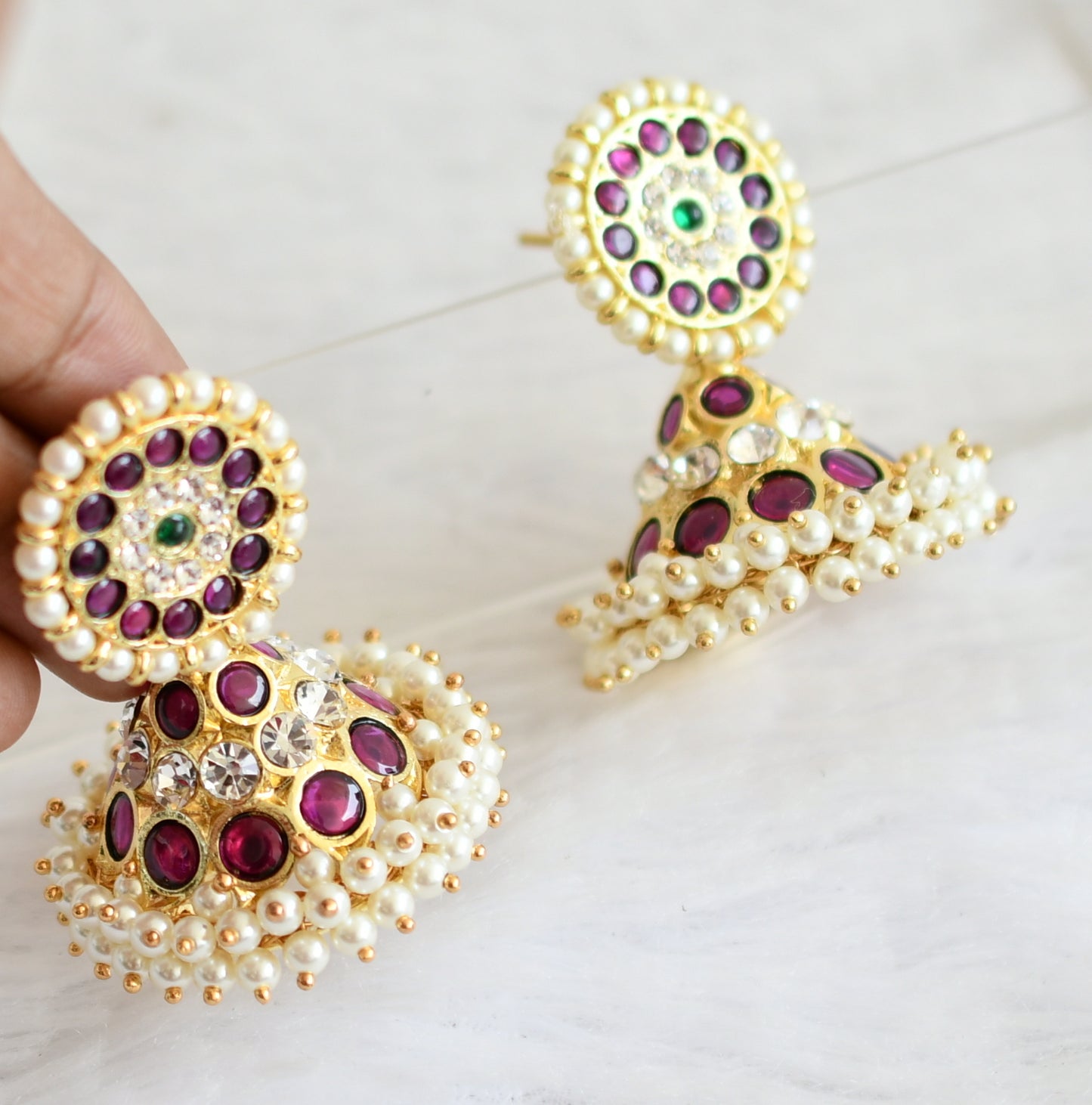 Gold tone precious kemp-green-white pearl jhumkka dj-50865