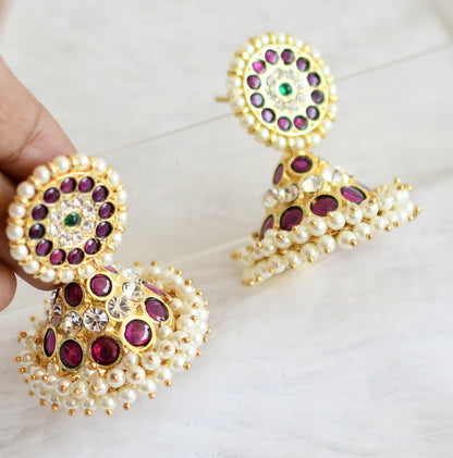 Gold tone precious kemp-green-white pearl jhumkka dj-50865