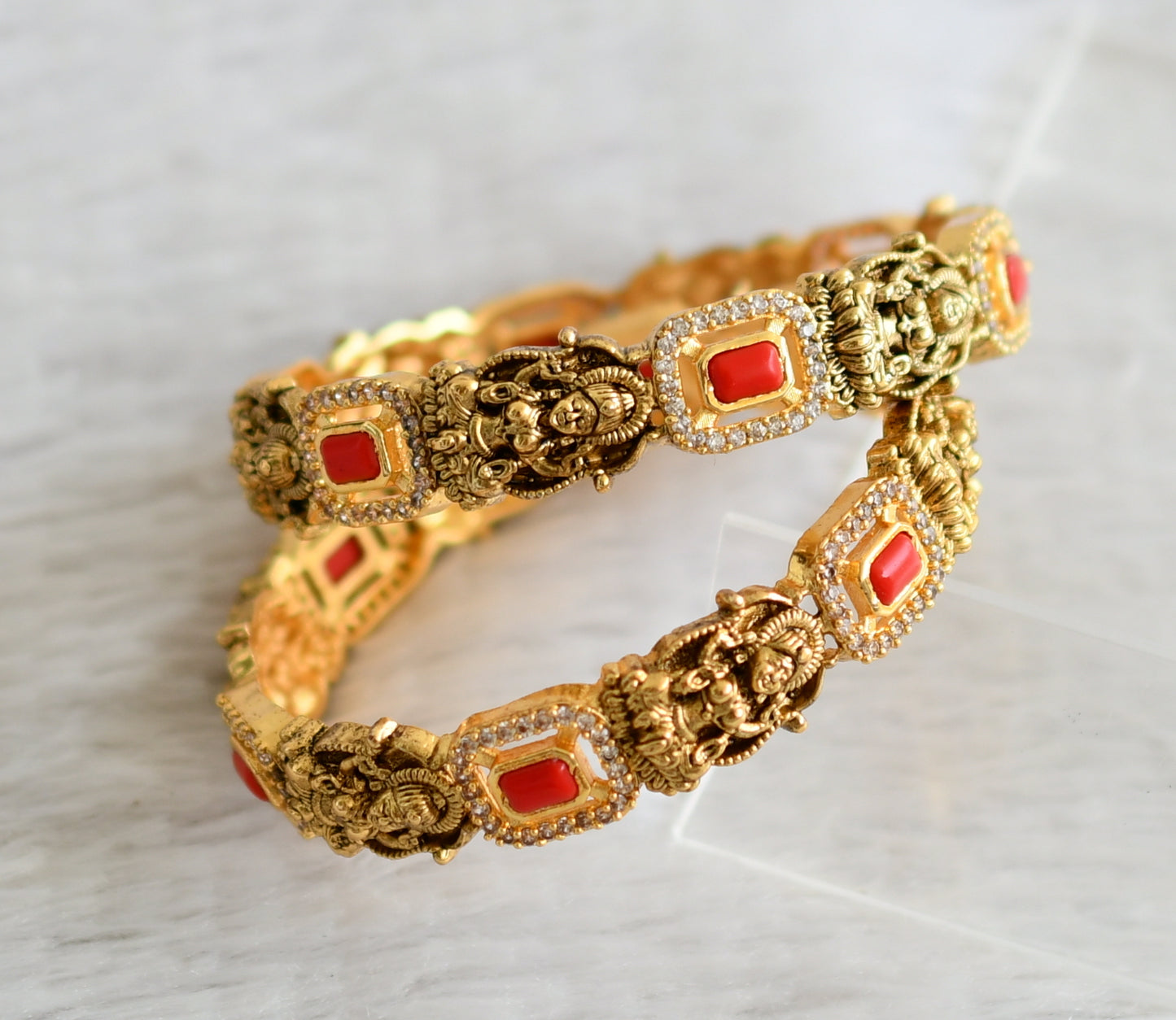 Antique gold tone cz coral block stone lakshmi bangles(2.6) dj-48907