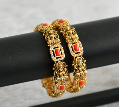 Antique gold tone cz coral block stone lakshmi bangles(2.4) dj-48906