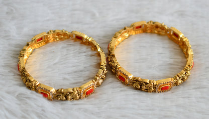 Antique gold tone cz coral block stone lakshmi bangles(2.4) dj-48906