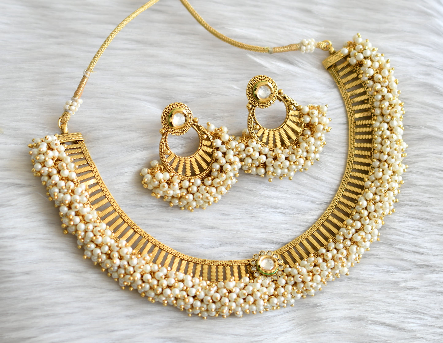 Antique gold tone pearl cluster necklace set dj-05487