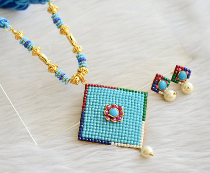 Gold tone handmade blue pachi pendant thread necklace set dj-03557