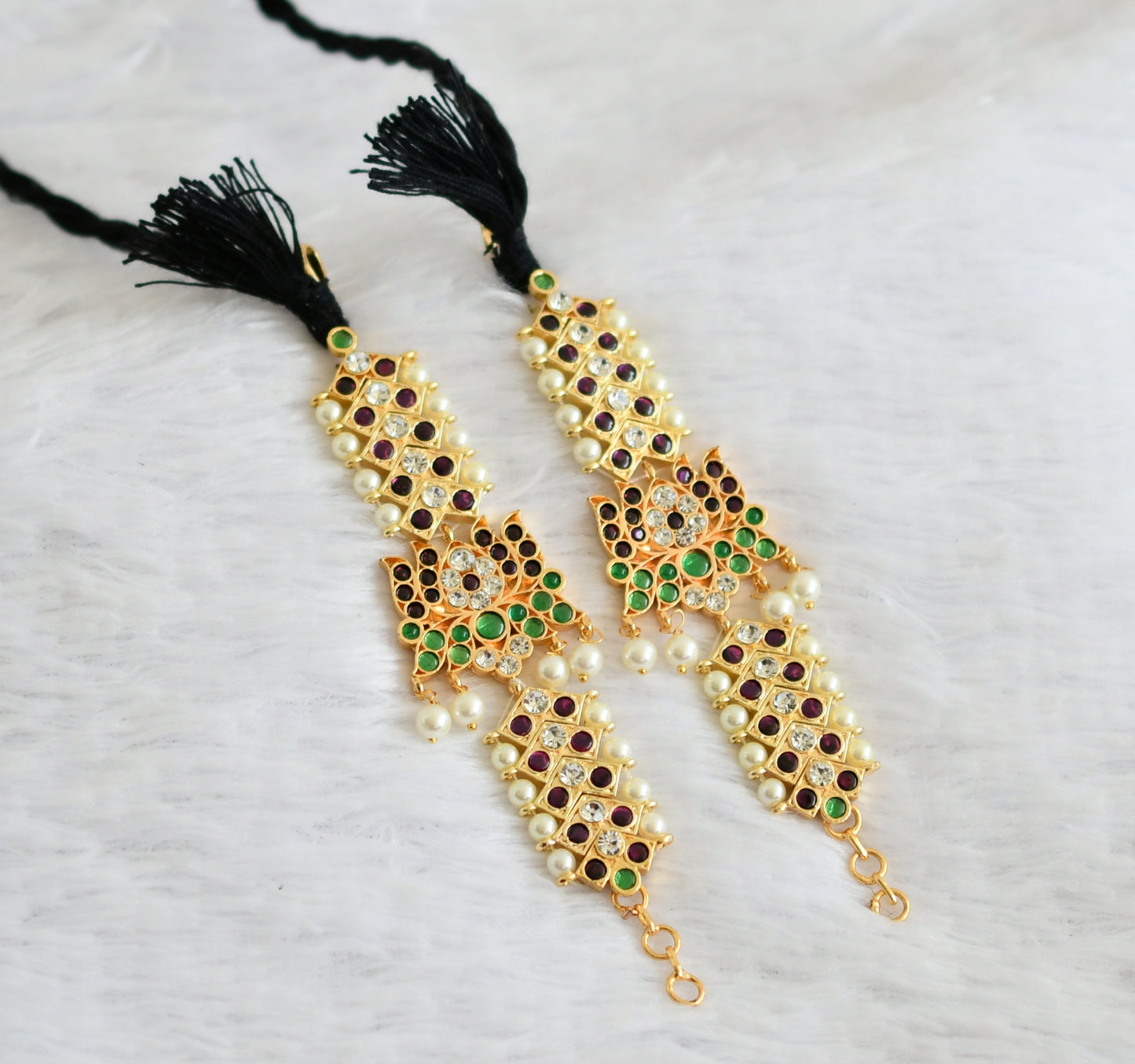 Gold tone precious kemp-green-white lotus pearl ear side chain dj-50871