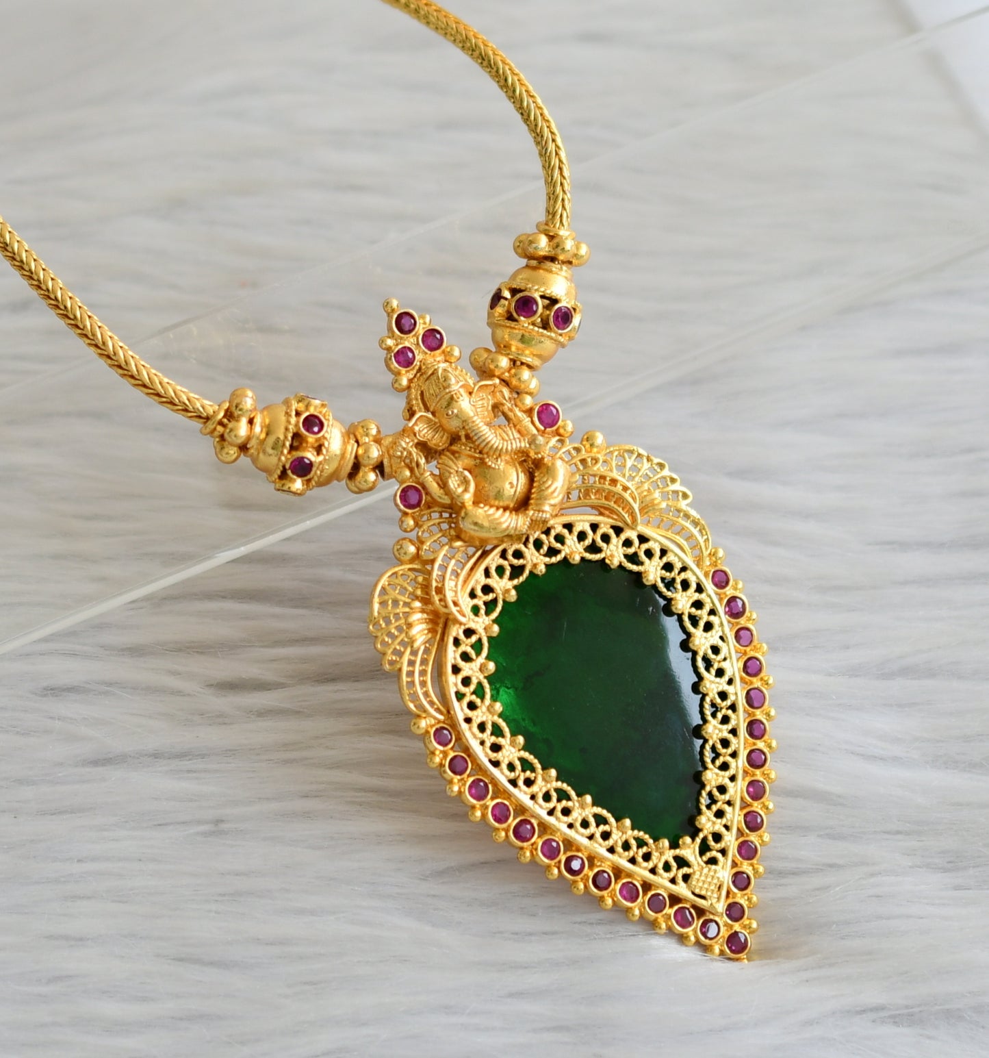 Gold tone pink-green gopi kerala style ganesha necklace set dj-45450