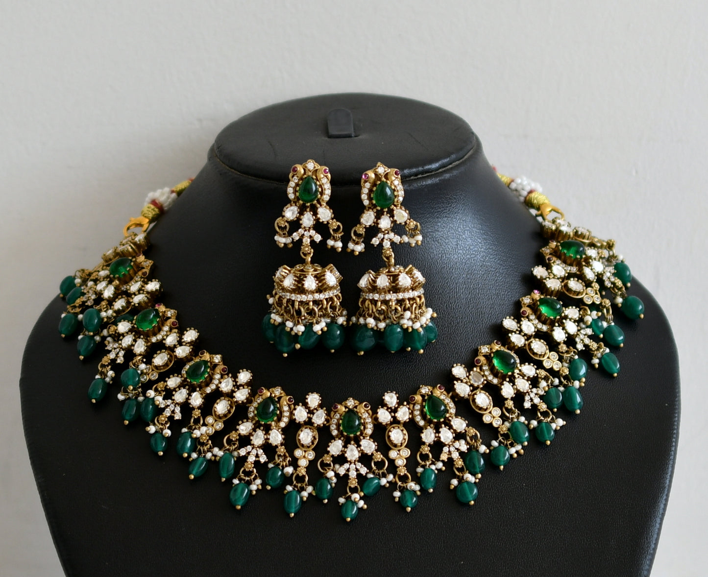 Antique green-white stone victorian green bead peacock necklace set dj-50868