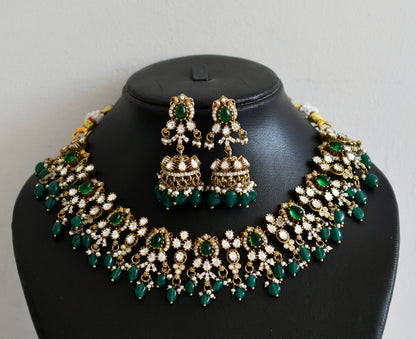 Antique green-white stone victorian green bead peacock necklace set dj-50868