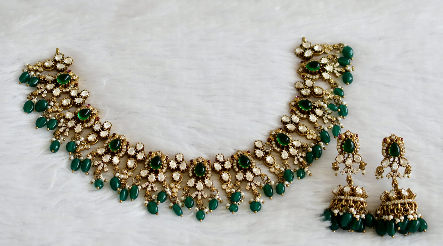 Antique green-white stone victorian green bead peacock necklace set dj-50868