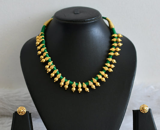 Gold tone green silk thread necklace set dj-48945