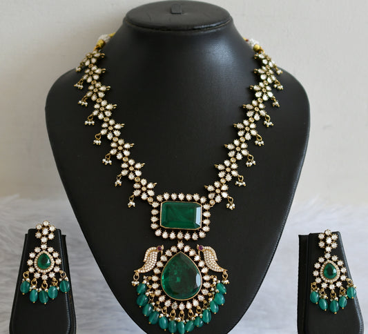 Antique green-white stone green beaded victorian flower peacock necklace set dj-50869
