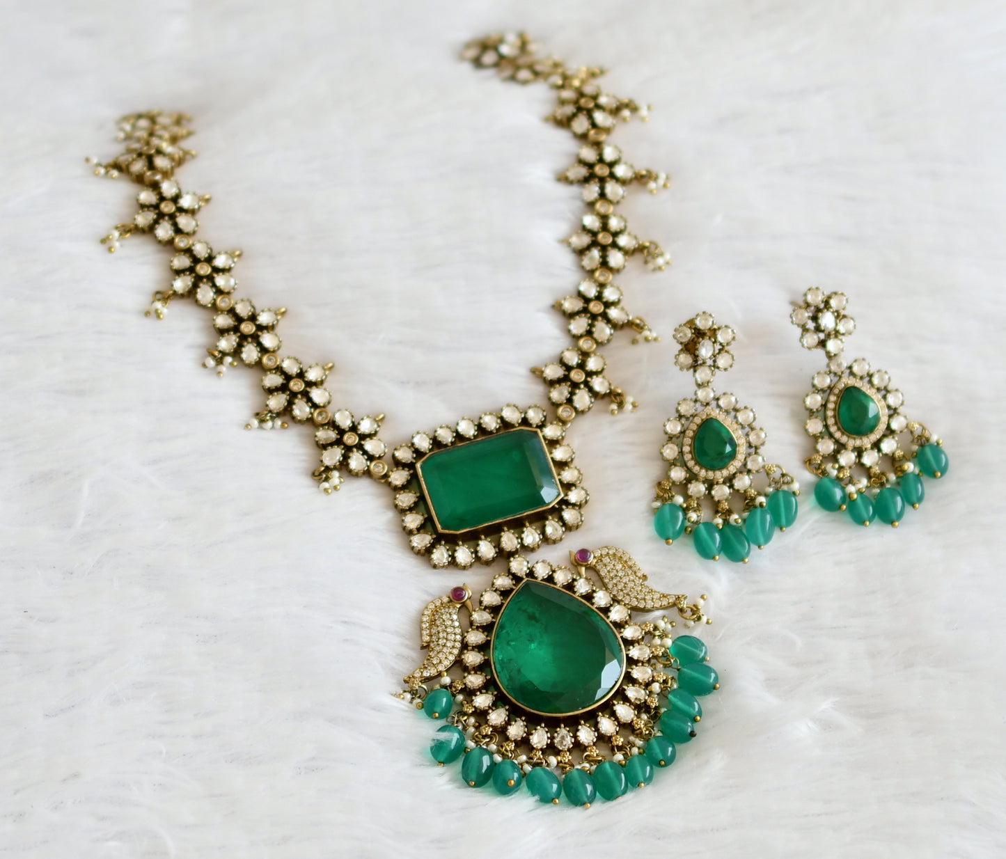 Antique green-white stone green beaded victorian flower peacock necklace set dj-50869