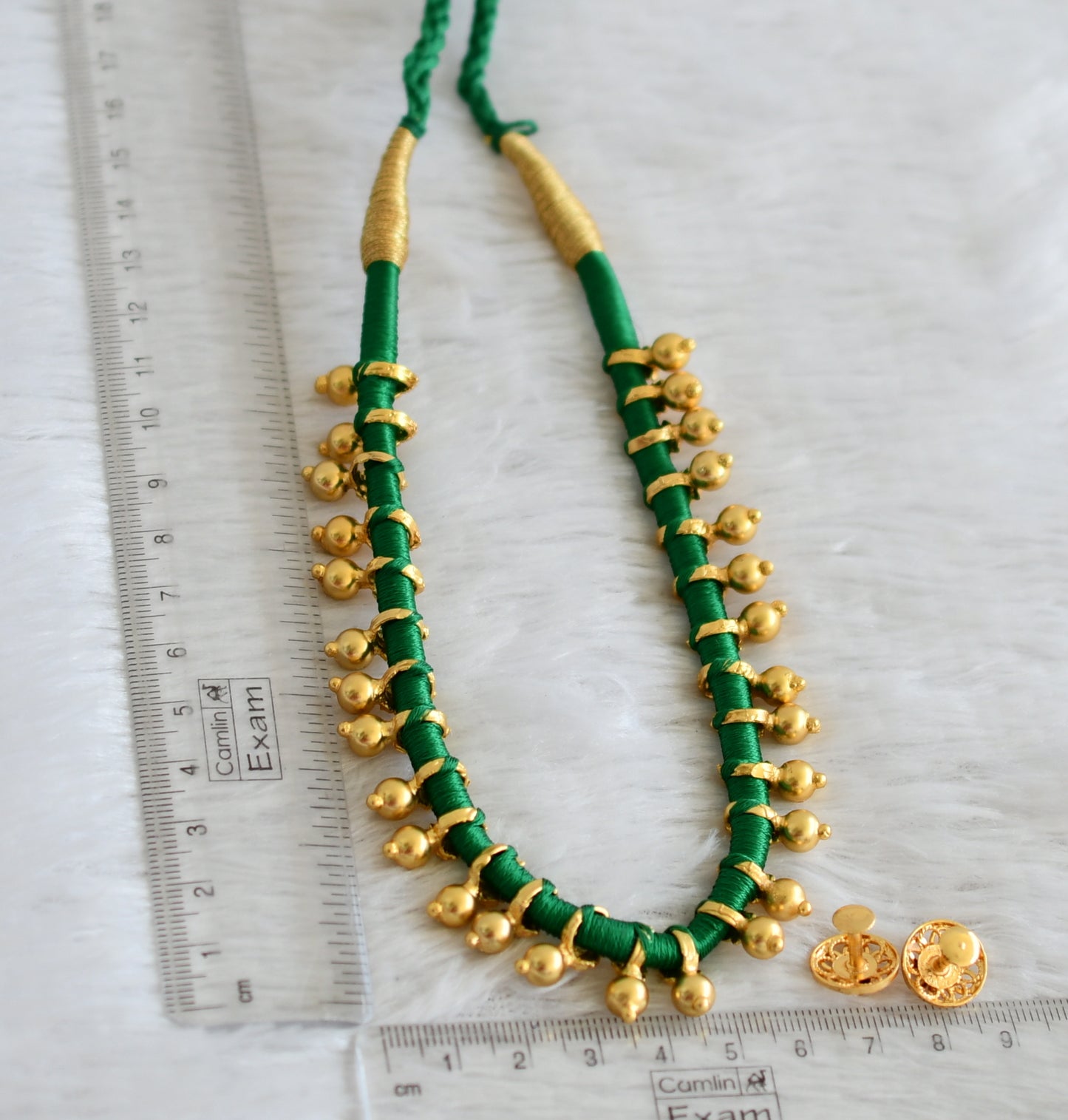 Gold tone green silk thread necklace set dj-48945