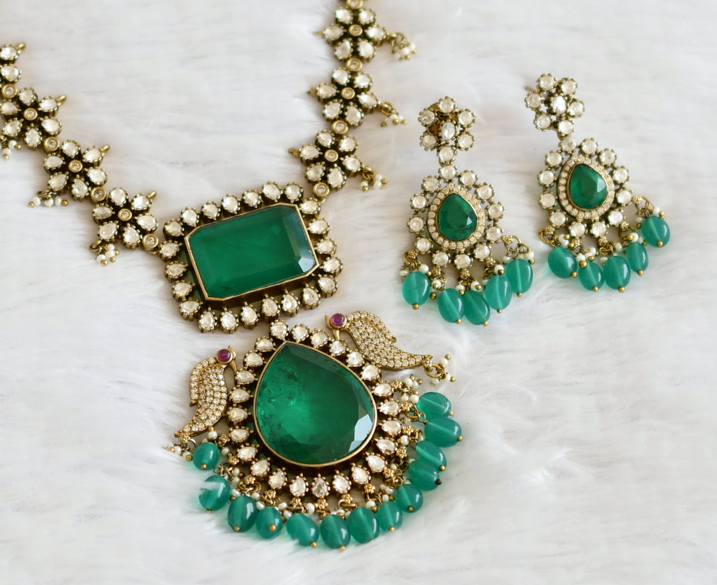 Antique green-white stone green beaded victorian flower peacock necklace set dj-50869