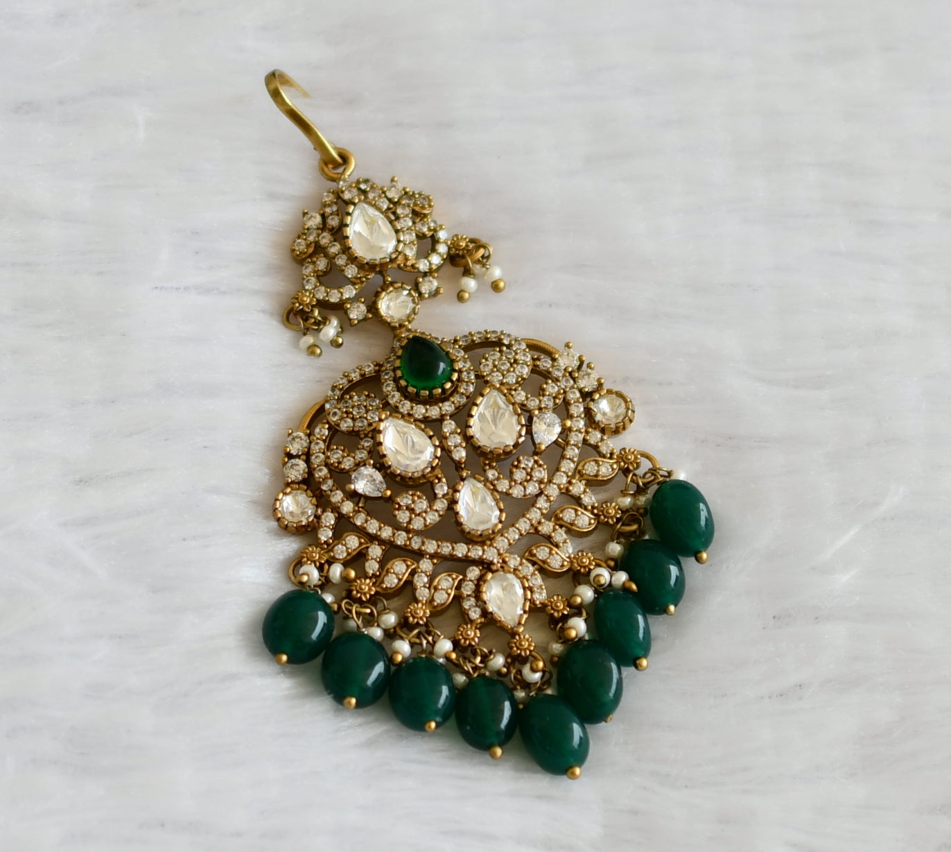Antique green-white stone victorian green bead tikka dj-50867