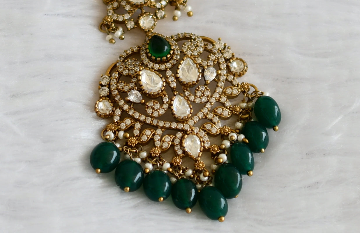 Antique green-white stone victorian green bead tikka dj-50867