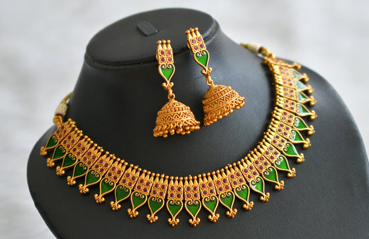 Matte finish red-green kerala style necklace set dj-43782