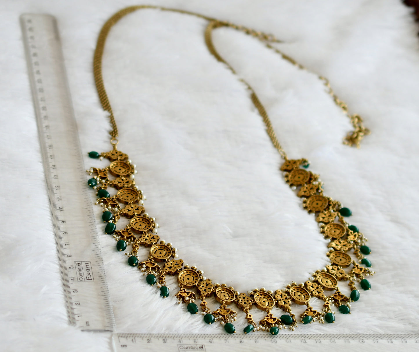 Antique green-white oval stone green beaded victorian waist chain dj-50870
