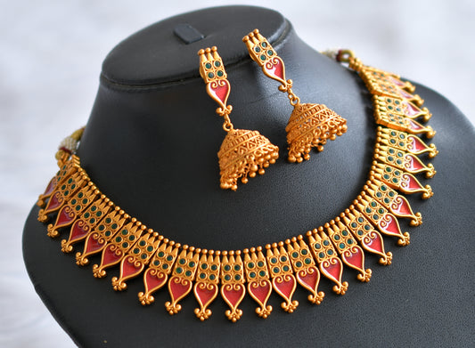 Matte finish green-red kerala style necklace set dj-43783