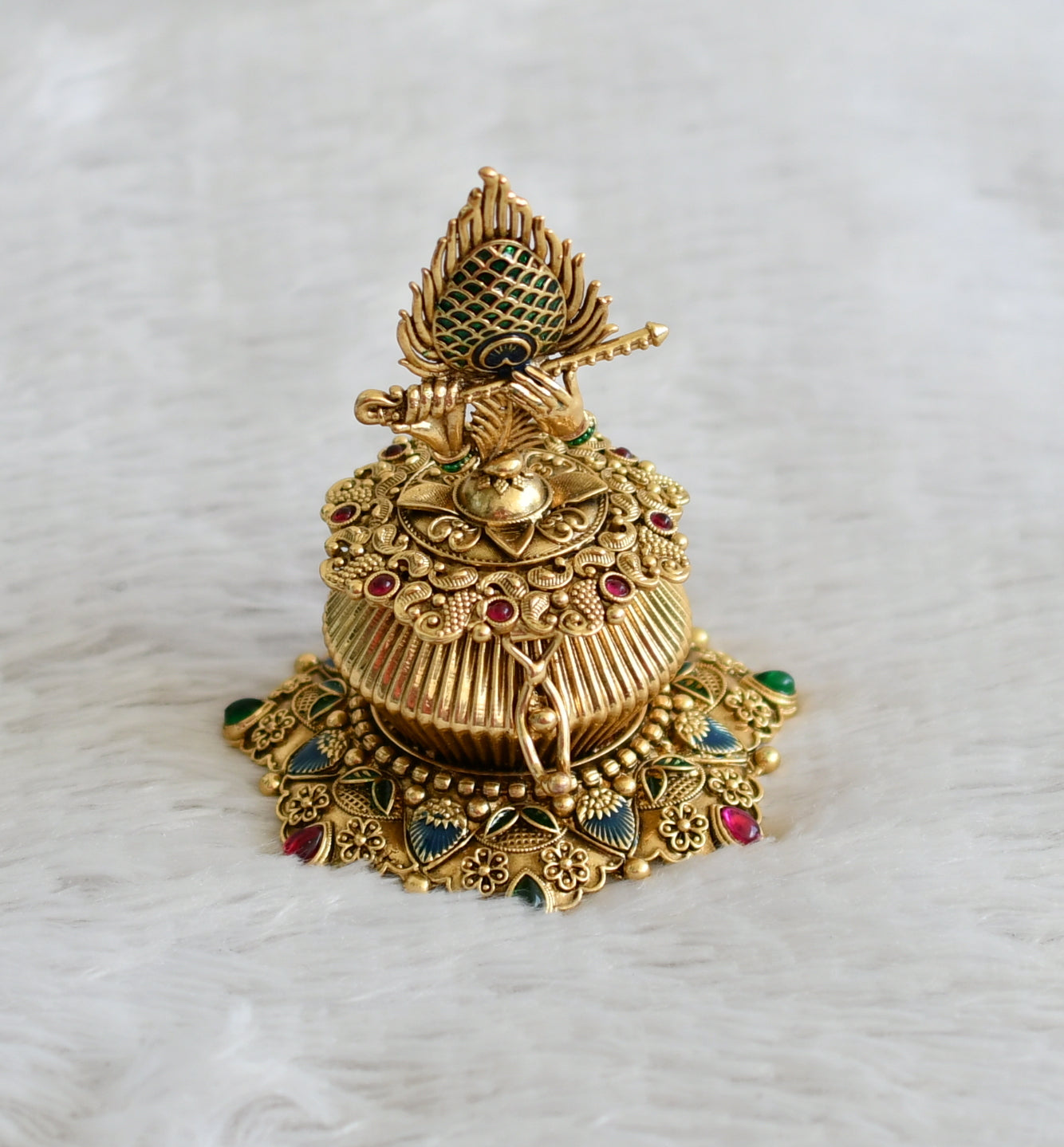 Antique gold tone kemp-green meenakari krishna feather kumkum box dj-48931