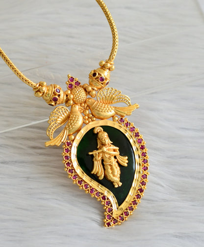 Gold tone pink-green krishna mango bird necklace set dj-45457
