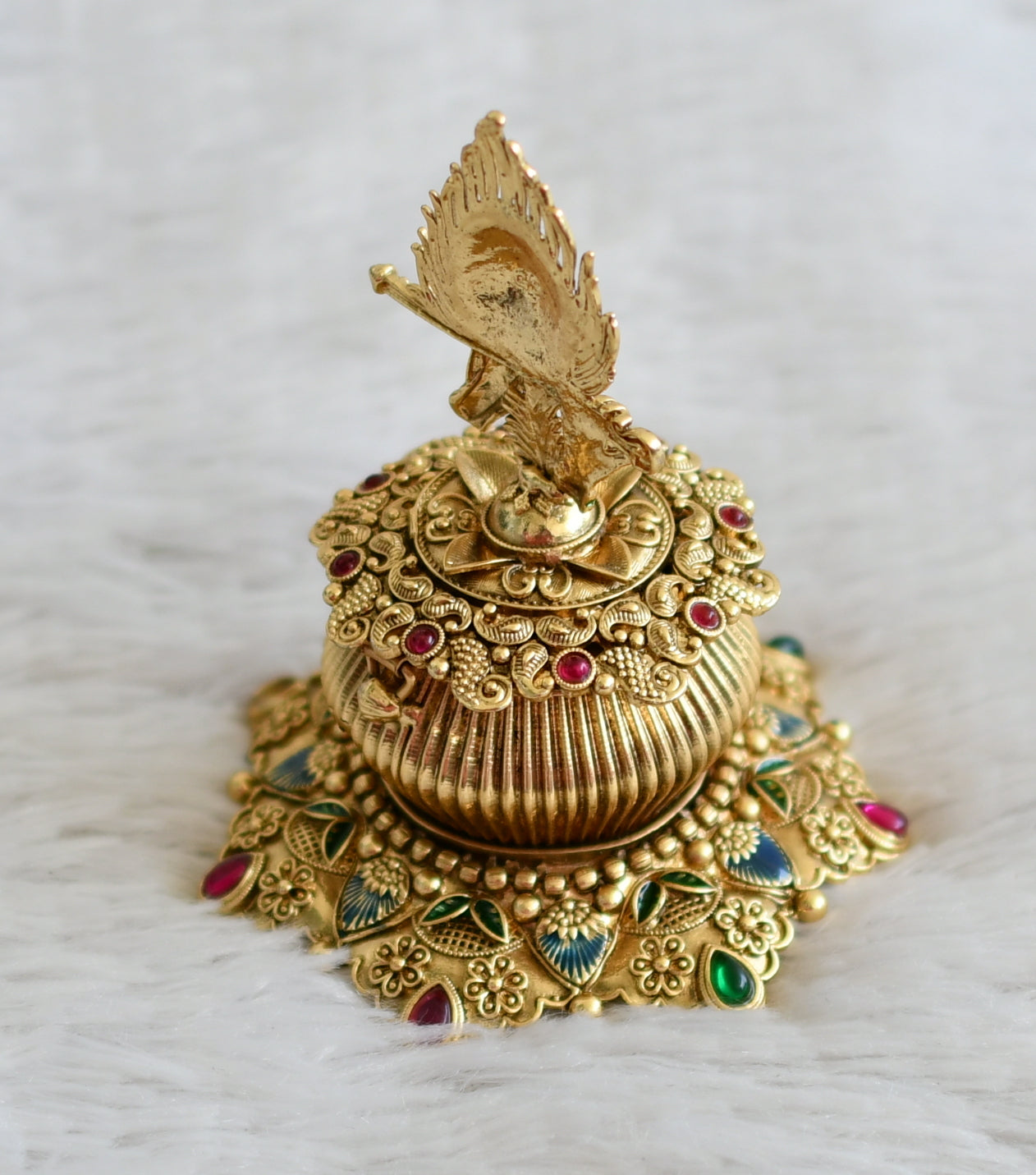 Antique gold tone kemp-green meenakari krishna feather kumkum box dj-48931