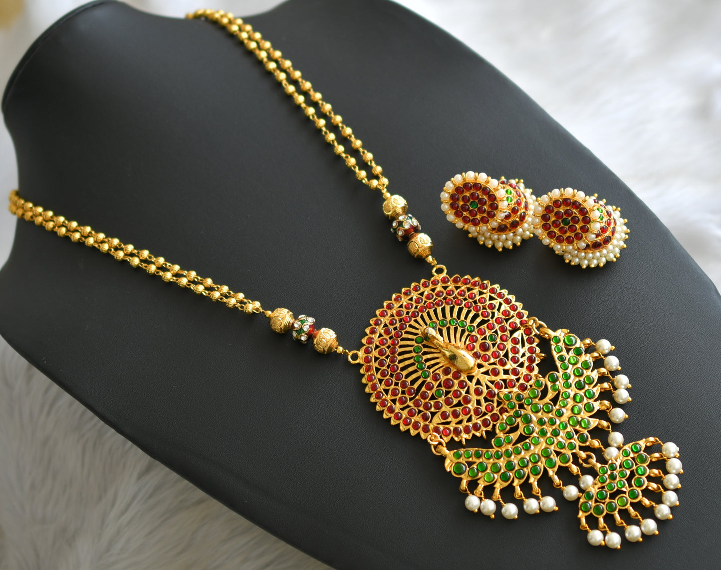 Gold tone kemp-green peacock double pendant long necklace set dj-18065